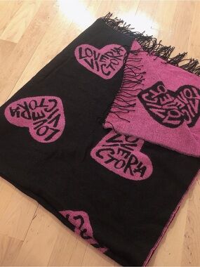 Victoria's Secret Black and Pink Heart Logo Throw Scarf